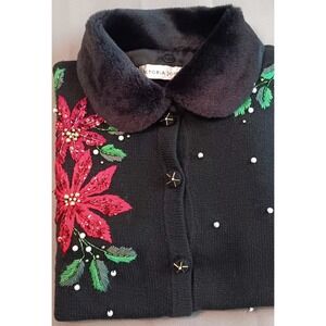 Womens Cardigan S Ugly Christmas Sweater Beaded Sequin‎ Poinsettia 90s Vintage
